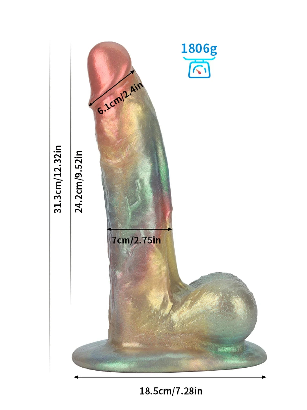 Raymond – Gebogen Fantasy Dildo van 23,6 cm in Regenboog Metallic