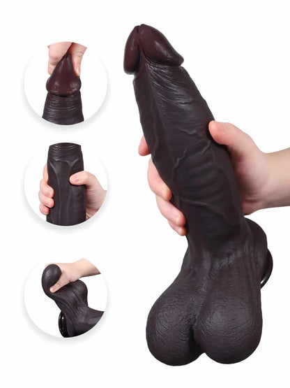 Hendrik - Grote Zwarte Realistische Slidingskin Dildo met Verdikkende Schacht - 26,5 cm