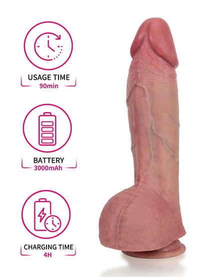 Mars - Vibrerende Stotende Dildo met Kromming en Geplooide Balzak - 27 cm