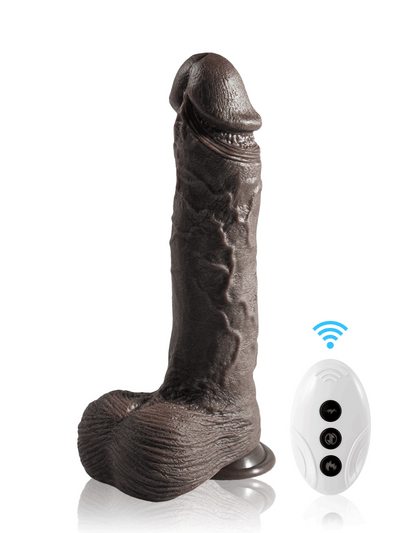 Stefan - Diepzwarte Vibrerende Stotende Dildo met Bewegende Ballen - 26,5 cm